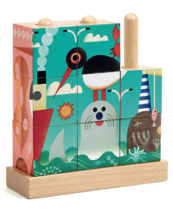 Djeco 4 ξύλινοι κύβοι - παζλ με καβίλιες 'Ζωάκια στη Θάλασσα'